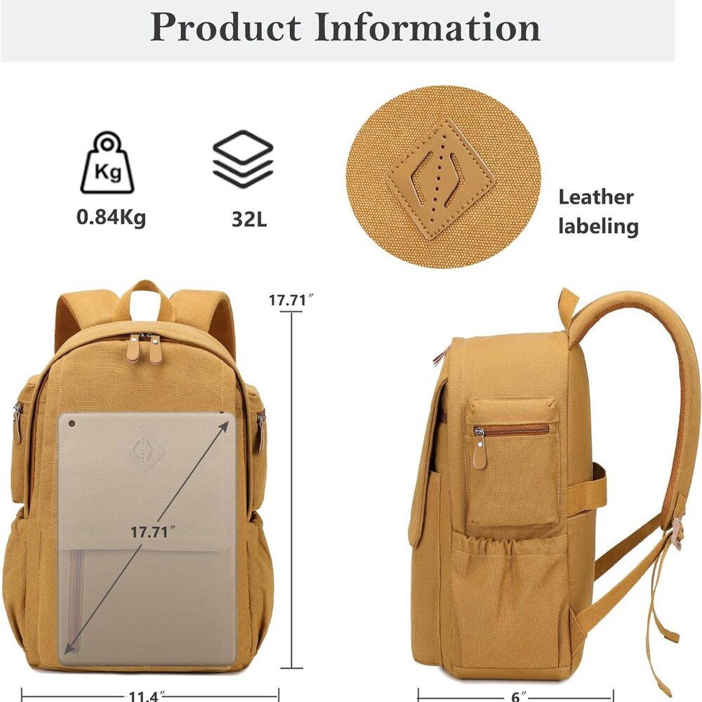 Canvas Backpack for Men Women Laptop Bag 15.6 inch Vintage Rucksack Casual Trave - Picture 2 of 6